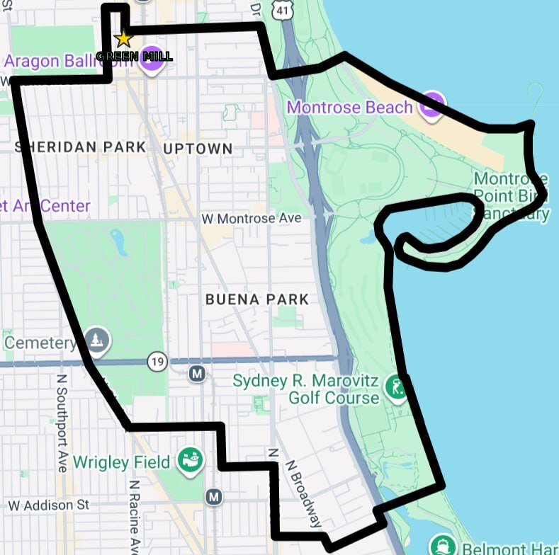 46th Ward Map - Green Mill marked with star at Lawrence & Broadway